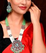 Silver Plated White & Green Artificial Stone Studded Necklace Set