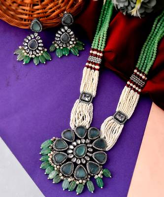 Silver Plated White & Green Artificial Stone Studded Necklace Set 4