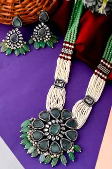 Silver Plated White & Green Artificial Stone Studded Necklace Set