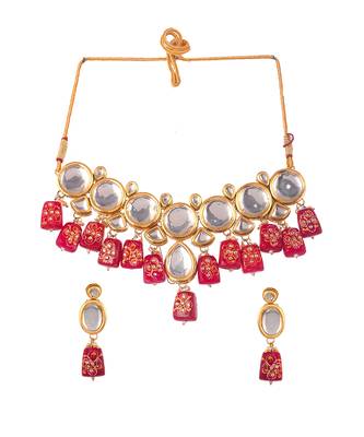 Gold Plated Red & Kundan Stone Studded Beaded Traditional Necklace Set 2