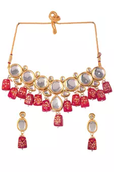 Gold Plated Red & Kundan Stone Studded Beaded Traditional Necklace Set