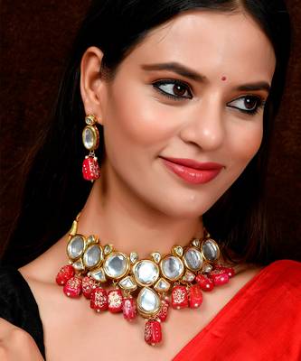 Gold Plated Red & Kundan Stone Studded Beaded Traditional Necklace Set 1