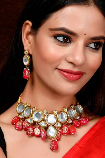 Gold Plated Red & Kundan Stone Studded Beaded Traditional Necklace Set
