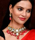 Gold Plated Red & Kundan Stone Studded Beaded Traditional Necklace Set