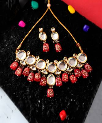 Gold Plated Red & Kundan Stone Studded Beaded Traditional Necklace Set 4
