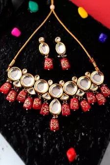 Gold Plated Red & Kundan Stone Studded Beaded Traditional Necklace Set