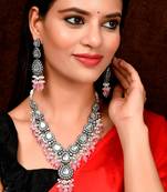 Silver Plated Pink & Artificial Stone Studded Necklace Set