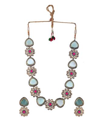 Gold Plated Blue & White Kundan Studded Floral Necklace Set 2
