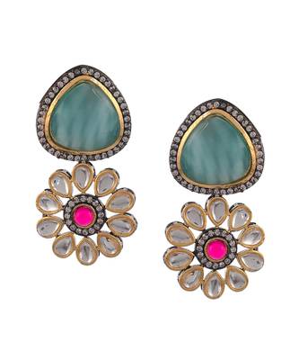 Gold Plated Blue & White Kundan Studded Floral Necklace Set 3