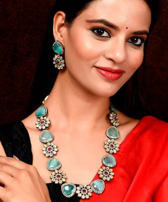 Gold Plated Blue & White Kundan Studded Floral Necklace Set 1