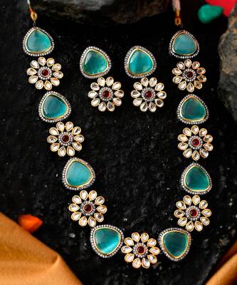Gold Plated Blue & White Kundan Studded Floral Necklace Set 4
