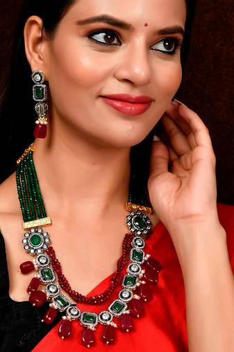 Gold Plated Red & Green Artificial Stones Studded Necklace Set