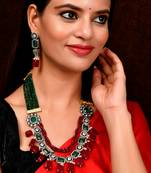 Gold Plated Red & Green Artificial Stones Studded Necklace Set