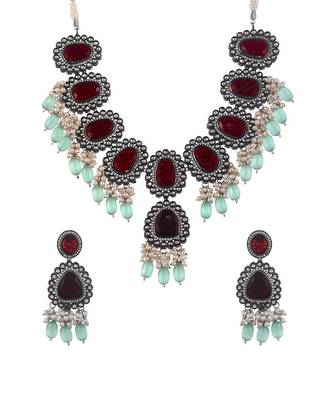 Silver Plated Maroon & Green Artificial Stone Studded Necklace Set 2