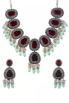 Silver Plated Maroon & Green Artificial Stone Studded Necklace Set