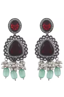 Silver Plated Maroon & Green Artificial Stone Studded Necklace Set