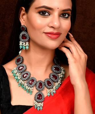 Silver Plated Maroon & Green Artificial Stone Studded Necklace Set 1