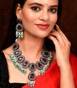 Silver Plated Maroon & Green Artificial Stone Studded Necklace Set