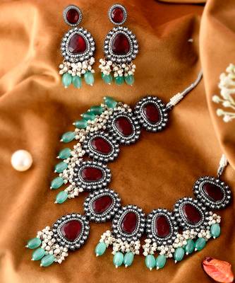 Silver Plated Maroon & Green Artificial Stone Studded Necklace Set 4