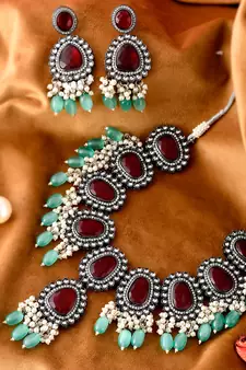 Silver Plated Maroon & Green Artificial Stone Studded Necklace Set