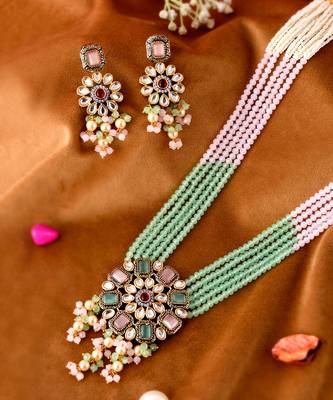 Gold Plated Green & Pink Stone Studded Beaded Necklace Set 2