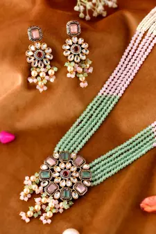 Gold Plated Green & Pink Stone Studded Beaded Necklace Set