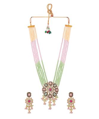 Gold Plated Green & Pink Stone Studded Beaded Necklace Set 3