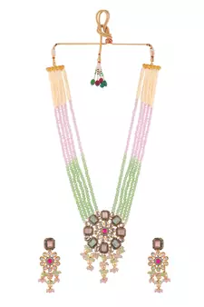 Gold Plated Green & Pink Stone Studded Beaded Necklace Set