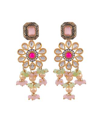 Gold Plated Green & Pink Stone Studded Beaded Necklace Set 4