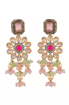 Gold Plated Green & Pink Stone Studded Beaded Necklace Set