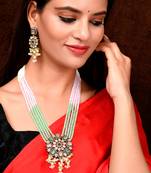 Gold Plated Green & Pink Stone Studded Beaded Necklace Set