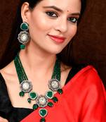 Gold Plated Green & White Artificial Stone Studded Necklace Set
