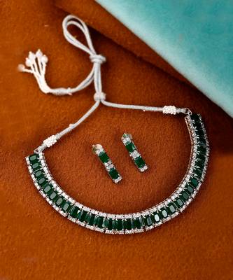 Silver Plated Green American Diamond Stone Studded Necklace Set 2