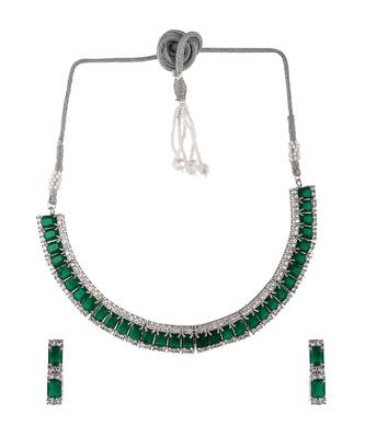 Silver Plated Green American Diamond Stone Studded Necklace Set 3