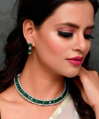 Silver Plated Green American Diamond Stone Studded Necklace Set 1
