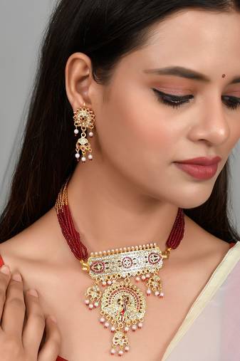 Gold Plated Peacock Choker Rajputi Necklace Set