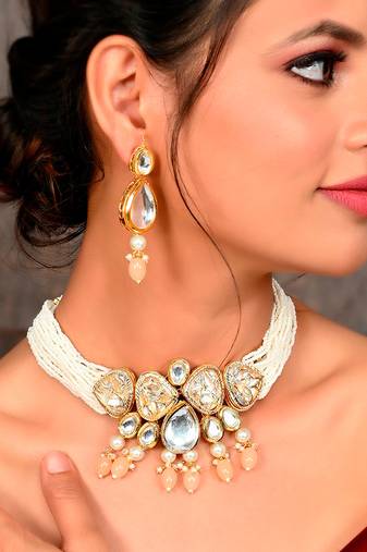 Gold Plated Heavy Kundan Choker Necklace Set