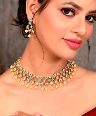 Gold Plated American Diamond Floral Heavy Necklace Set 1