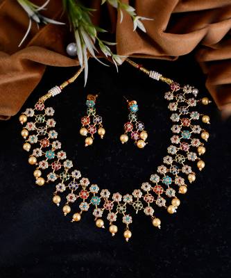 Gold Plated American Diamond Floral Heavy Necklace Set 4