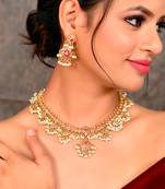 Gold Plated Pink Stone Studded Necklace Set