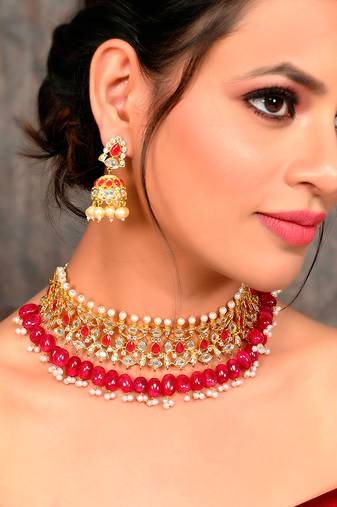 Gold Plated Red Stone Kundan Choker Set