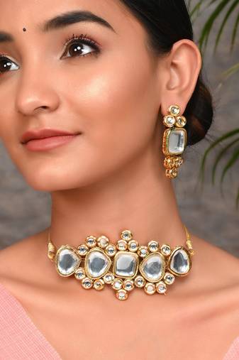 Gold Plated Kundan Jadau Ethnic Necklace Set