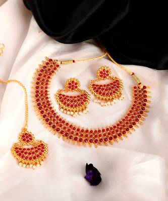 Gold Plated Heavy Bridal Necklace Set With Maang Tikka 4