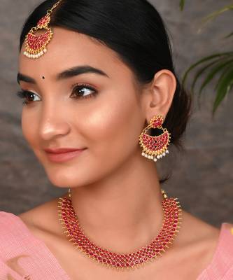 Gold Plated Heavy Bridal Necklace Set With Maang Tikka 1