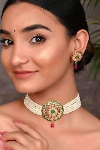 Gold Plated Pearl Kundan Brooch Choker Set