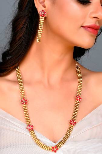 Gold Plated Floral Handcrafted Long Necklace Set