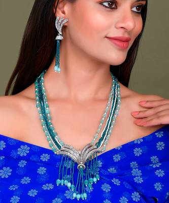 Silver Plated American Diamond Layered Heavy Necklace Set 1