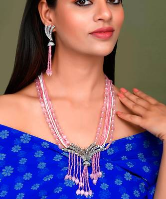 Silver Plated American Diamond Layered Heavy Necklace Set 1