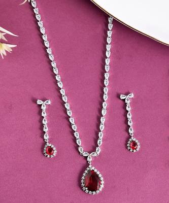 Silver Plated American Diamond Long Necklace Set 2