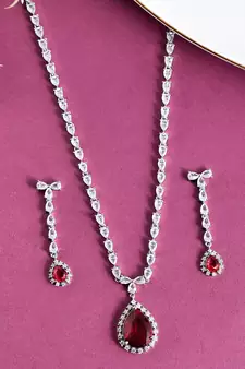 Silver Plated American Diamond Long Necklace Set